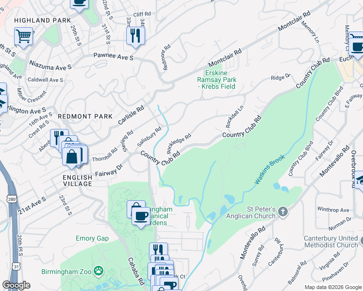 map of restaurants, bars, coffee shops, grocery stores, and more near 3212 Country Club Road in Birmingham