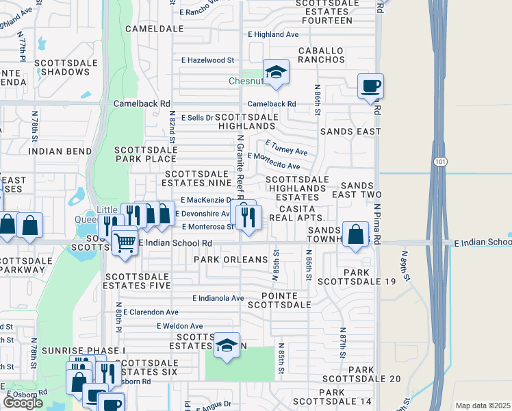 map of restaurants, bars, coffee shops, grocery stores, and more near 8346 East Devonshire Avenue in Scottsdale