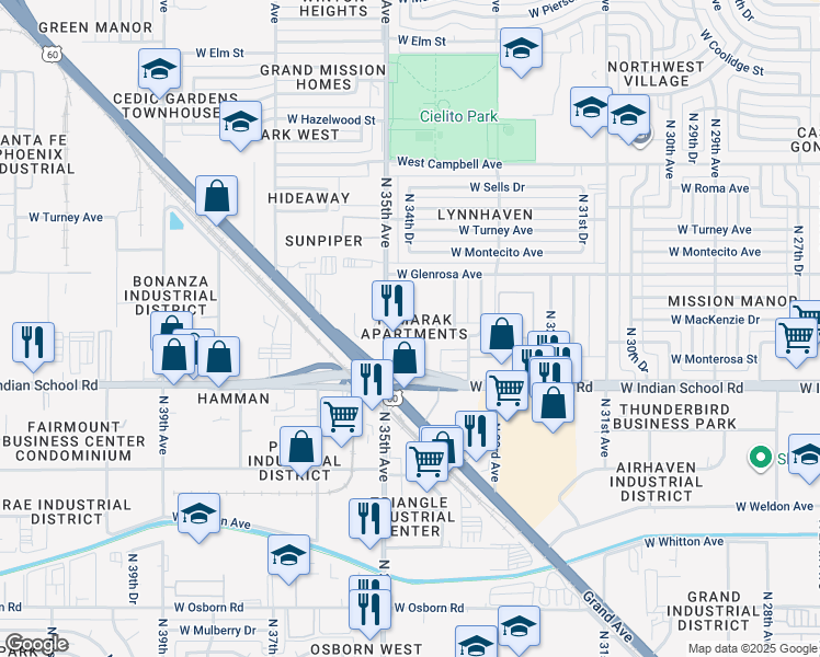 map of restaurants, bars, coffee shops, grocery stores, and more near 4201 North 35th Avenue in Phoenix