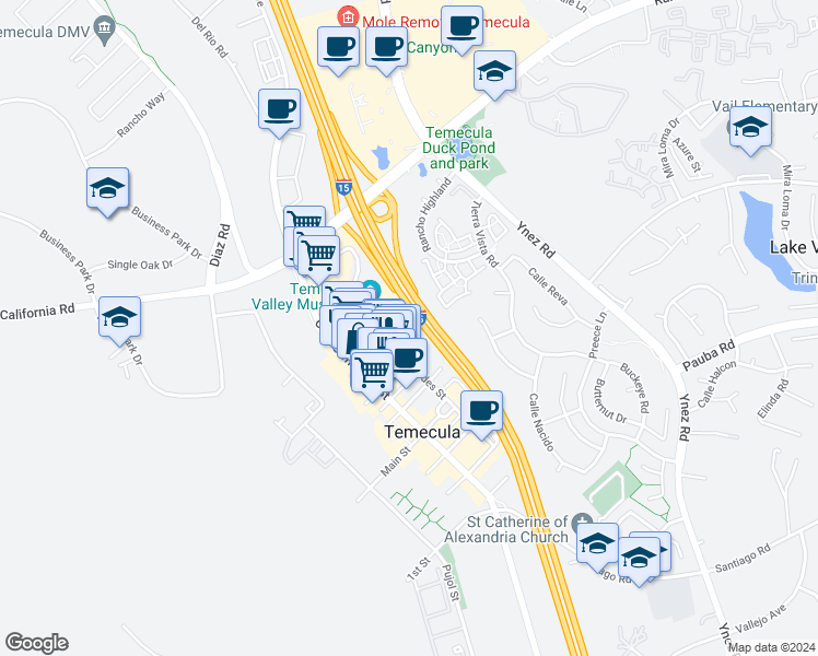 map of restaurants, bars, coffee shops, grocery stores, and more near 41830 6th Street in Temecula