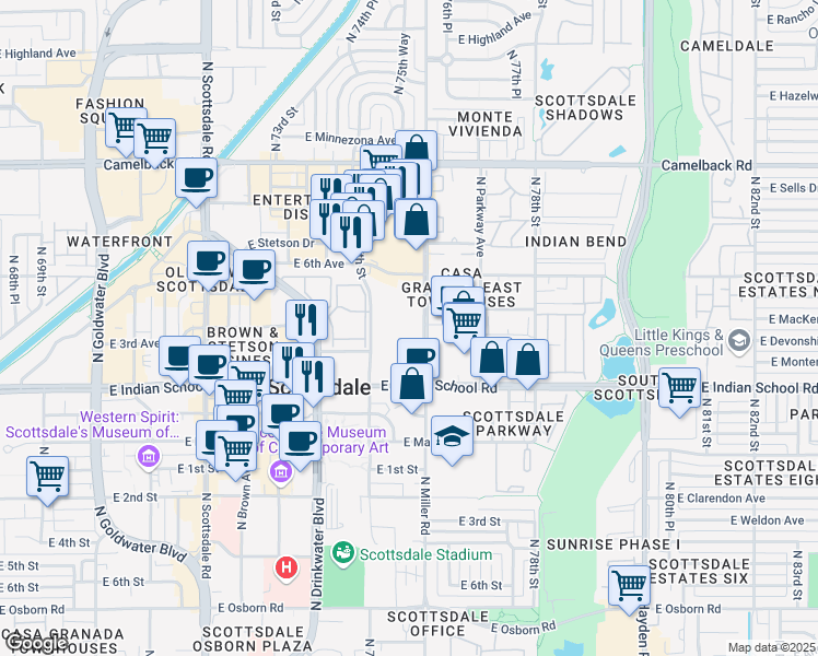 map of restaurants, bars, coffee shops, grocery stores, and more near 4140 North Miller Road in Scottsdale