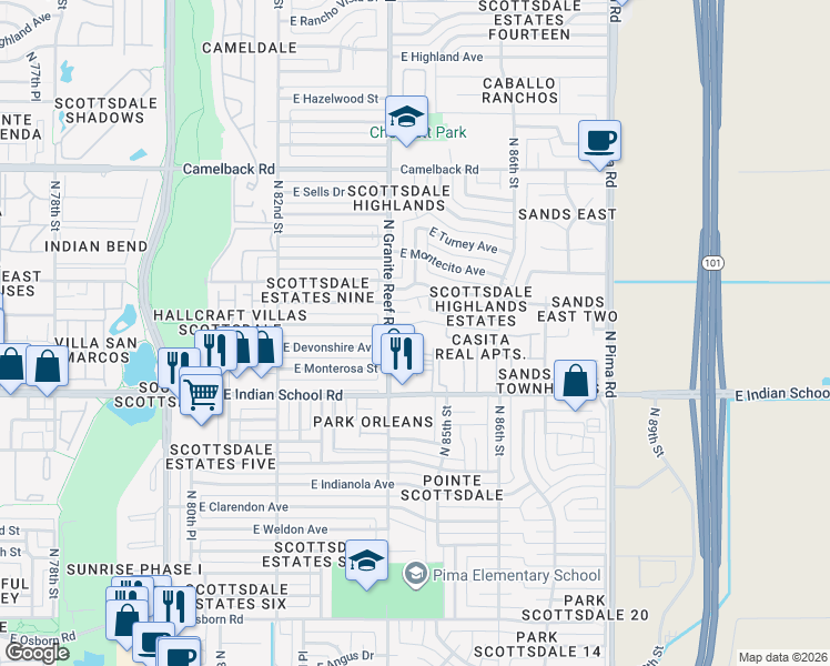 map of restaurants, bars, coffee shops, grocery stores, and more near 4181 North Granite Reef Road in Scottsdale