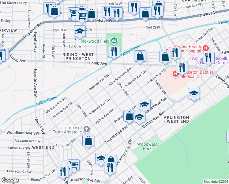 map of restaurants, bars, coffee shops, grocery stores, and more near 1224 Alabama Avenue Southwest in Birmingham