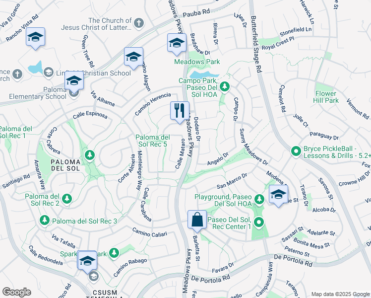 map of restaurants, bars, coffee shops, grocery stores, and more near 43190 Calle Mataro in Temecula