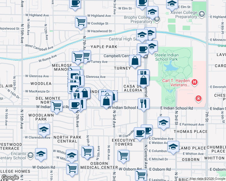 map of restaurants, bars, coffee shops, grocery stores, and more near 4202 North 3rd Avenue in Phoenix