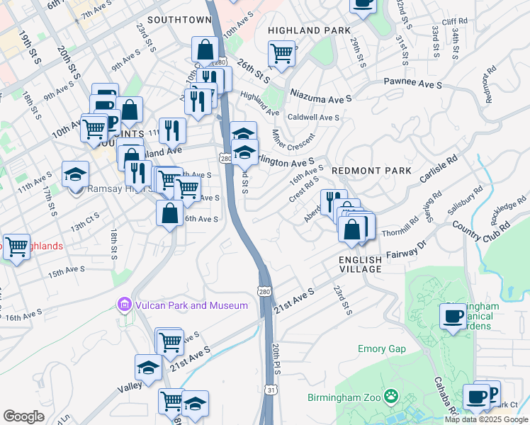 map of restaurants, bars, coffee shops, grocery stores, and more near 2436 Crest Road South in Birmingham