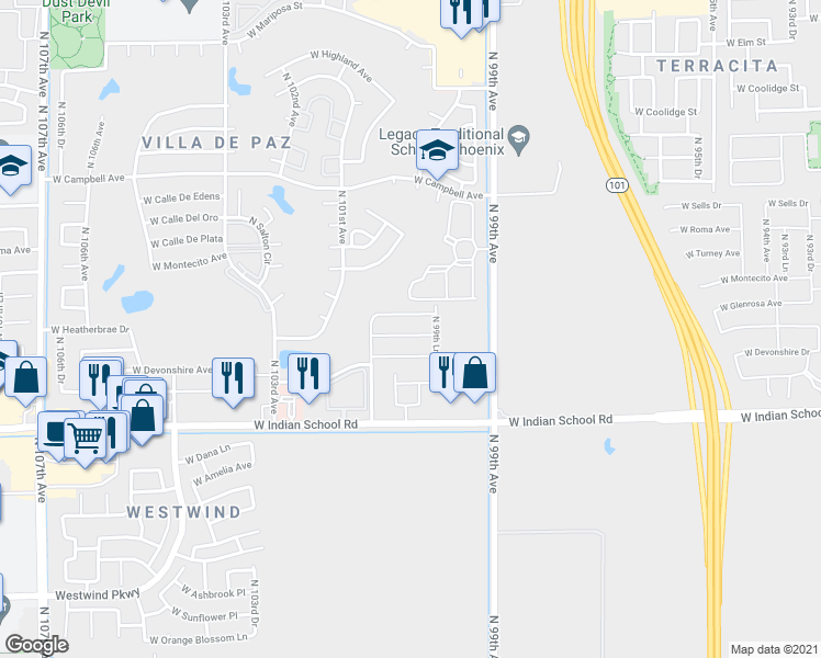 map of restaurants, bars, coffee shops, grocery stores, and more near 9939 West Devonshire Avenue in Phoenix