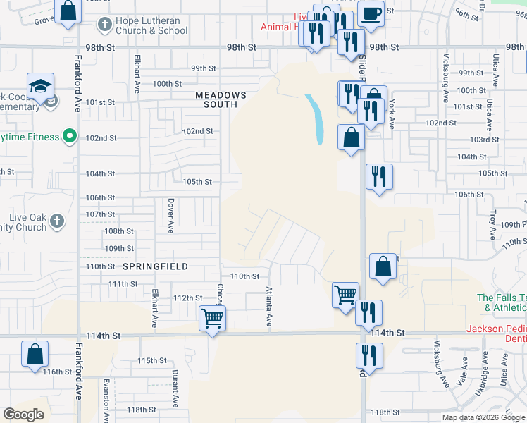 map of restaurants, bars, coffee shops, grocery stores, and more near 11006 Slide Road in Lubbock