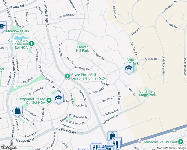 map of restaurants, bars, coffee shops, grocery stores, and more near 43041 Maidstone Court in Temecula