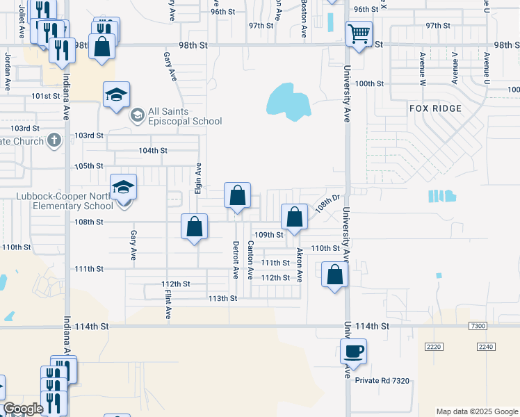 map of restaurants, bars, coffee shops, grocery stores, and more near 2530 107th Street in Lubbock