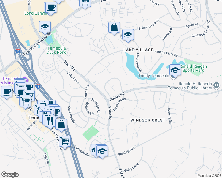 map of restaurants, bars, coffee shops, grocery stores, and more near 42915 El Domino Place in Temecula