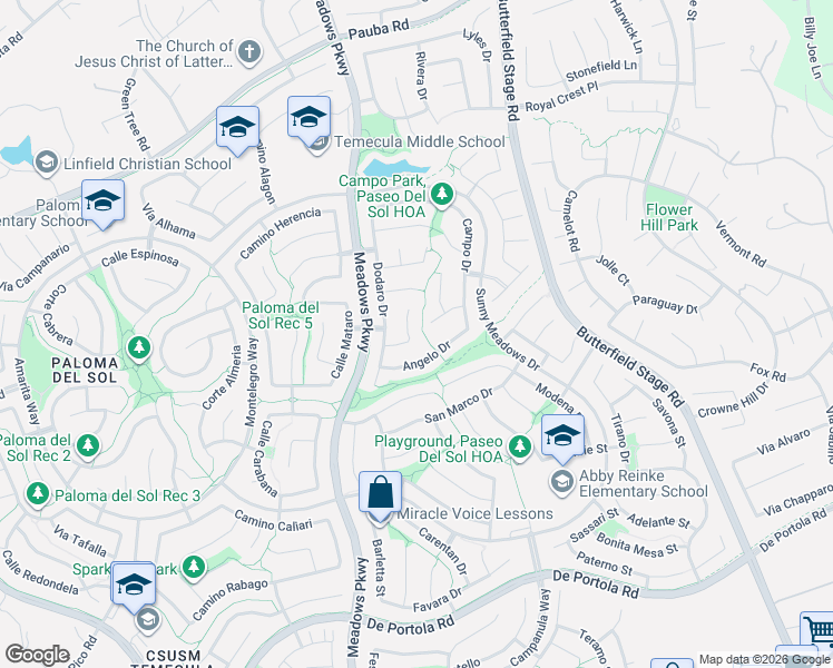 map of restaurants, bars, coffee shops, grocery stores, and more near 43487 Paisano Court in Temecula