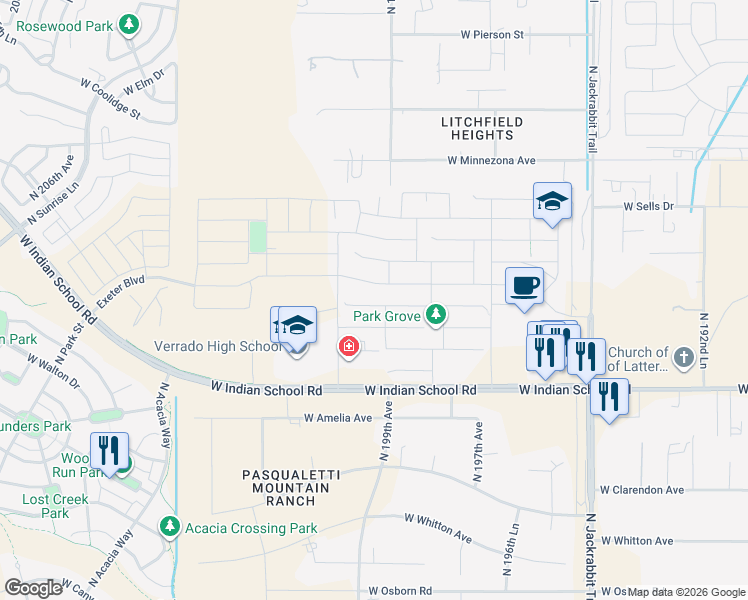 map of restaurants, bars, coffee shops, grocery stores, and more near 19962 West Heatherbrae Drive in Litchfield Park