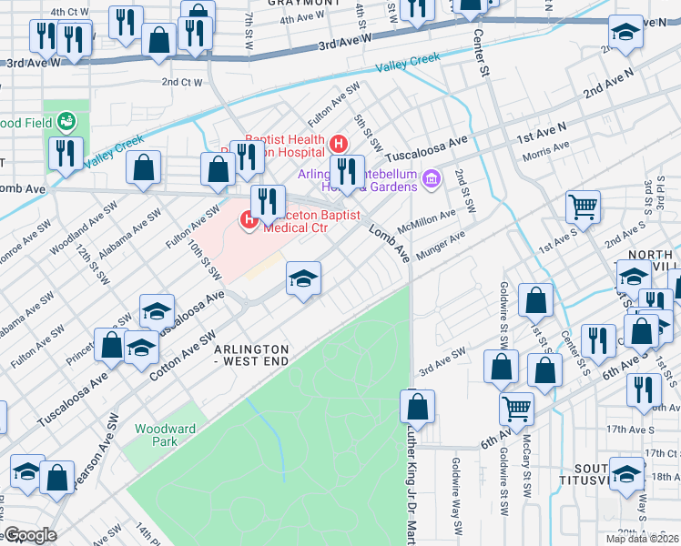 map of restaurants, bars, coffee shops, grocery stores, and more near 905 7th Place Southwest in Birmingham