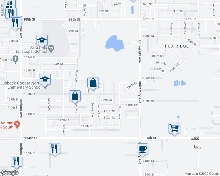 map of restaurants, bars, coffee shops, grocery stores, and more near 10613 Boston Avenue in Lubbock