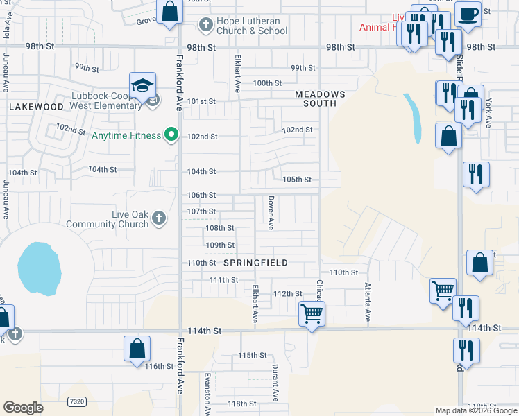 map of restaurants, bars, coffee shops, grocery stores, and more near 10607 Elkhart Avenue in Lubbock