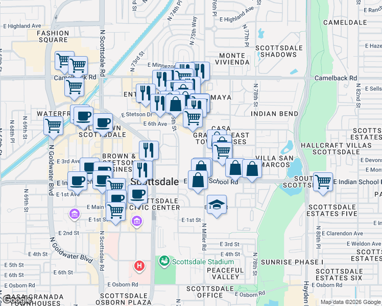 map of restaurants, bars, coffee shops, grocery stores, and more near 4200 North Miller Road in Scottsdale