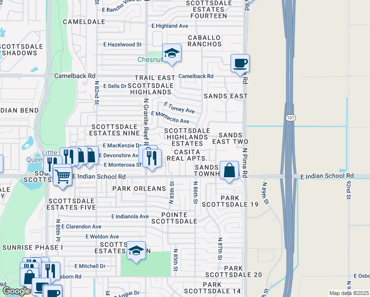 map of restaurants, bars, coffee shops, grocery stores, and more near 8558 East Indian School Road in Scottsdale