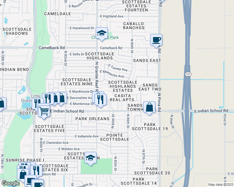 map of restaurants, bars, coffee shops, grocery stores, and more near 8558 East Indian School Road in Scottsdale