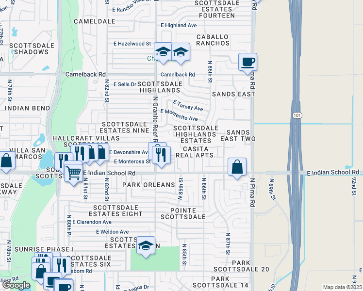 map of restaurants, bars, coffee shops, grocery stores, and more near 8564 East Indian School Road in Scottsdale