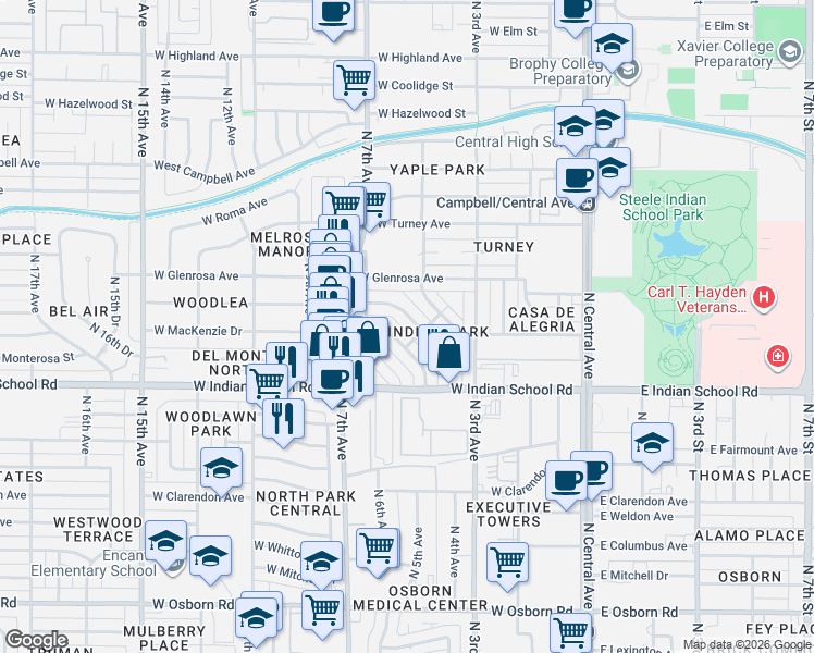 map of restaurants, bars, coffee shops, grocery stores, and more near 4212 North 5th Avenue in Phoenix
