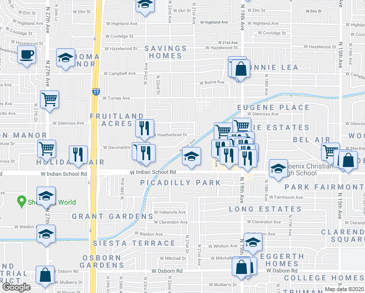 map of restaurants, bars, coffee shops, grocery stores, and more near 2139 West Devonshire Avenue in Phoenix