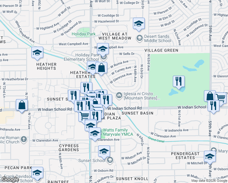 map of restaurants, bars, coffee shops, grocery stores, and more near 6521 West Devonshire Avenue in Phoenix