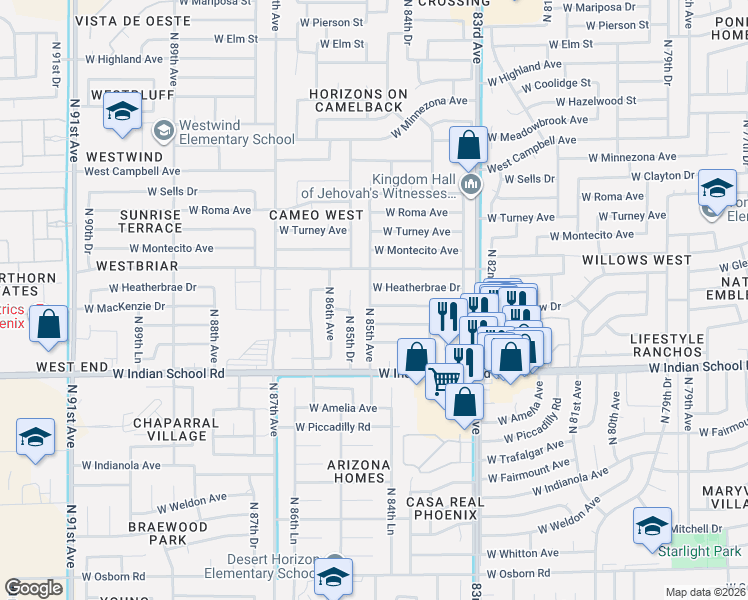 map of restaurants, bars, coffee shops, grocery stores, and more near 8451 West Mackenzie Drive in Phoenix