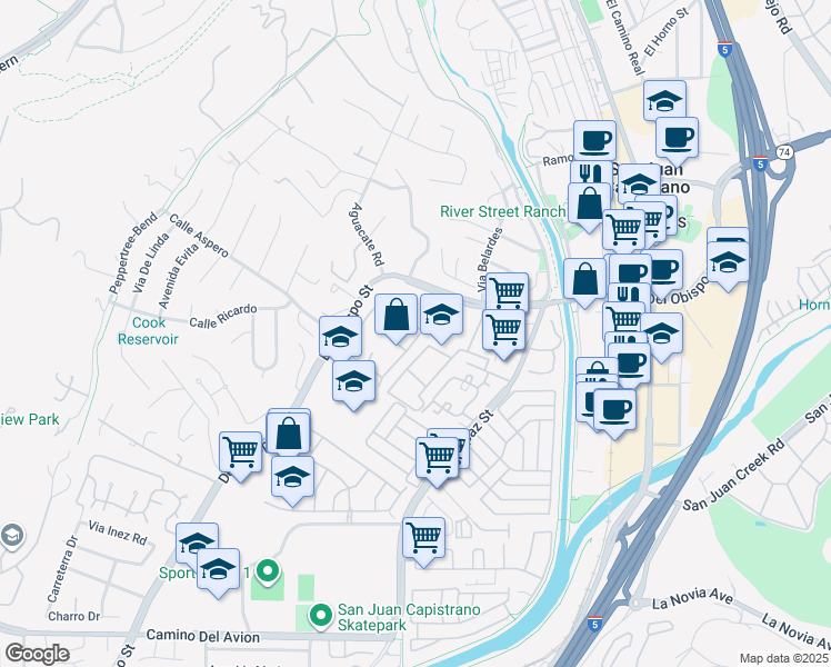 map of restaurants, bars, coffee shops, grocery stores, and more near 32111 Via De Aguila in San Juan Capistrano