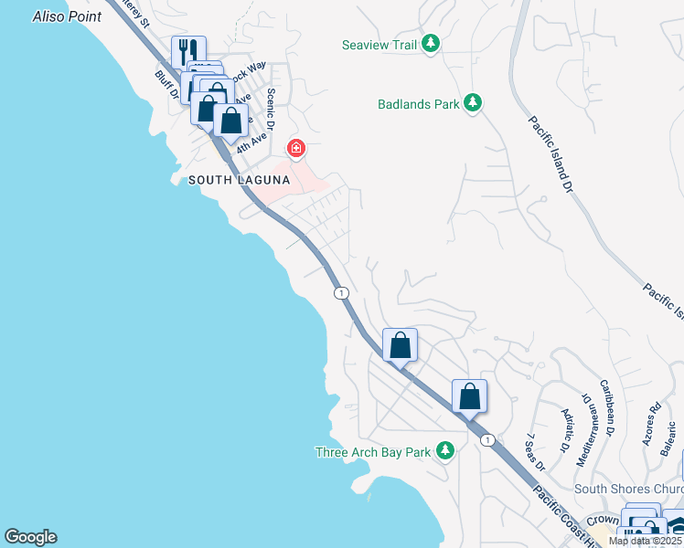 map of restaurants, bars, coffee shops, grocery stores, and more near 32121 Virginia Way in Laguna Beach