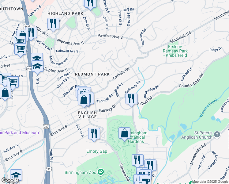 map of restaurants, bars, coffee shops, grocery stores, and more near 2909 Thornhill Road in Birmingham