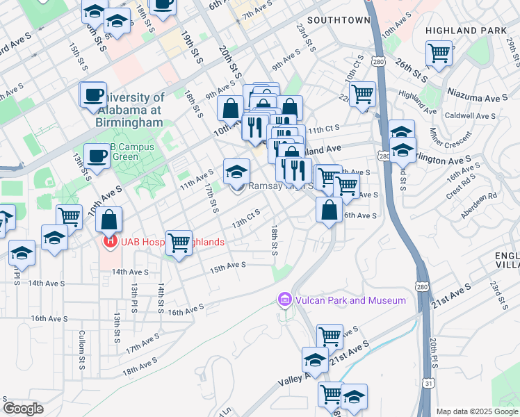 map of restaurants, bars, coffee shops, grocery stores, and more near 1724 14th Avenue South in Birmingham