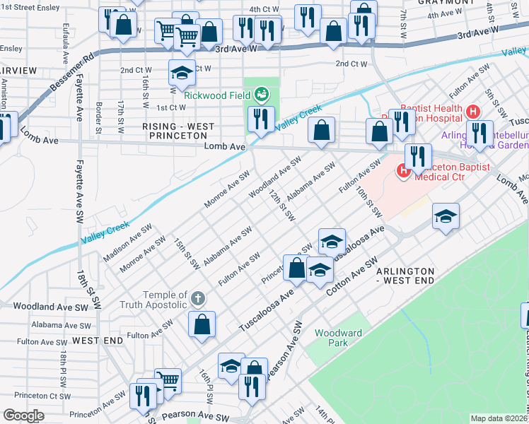 map of restaurants, bars, coffee shops, grocery stores, and more near 331 13th Street Southwest in Birmingham
