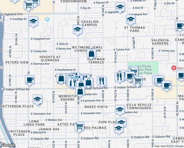 map of restaurants, bars, coffee shops, grocery stores, and more near 2504 East Devonshire Avenue in Phoenix