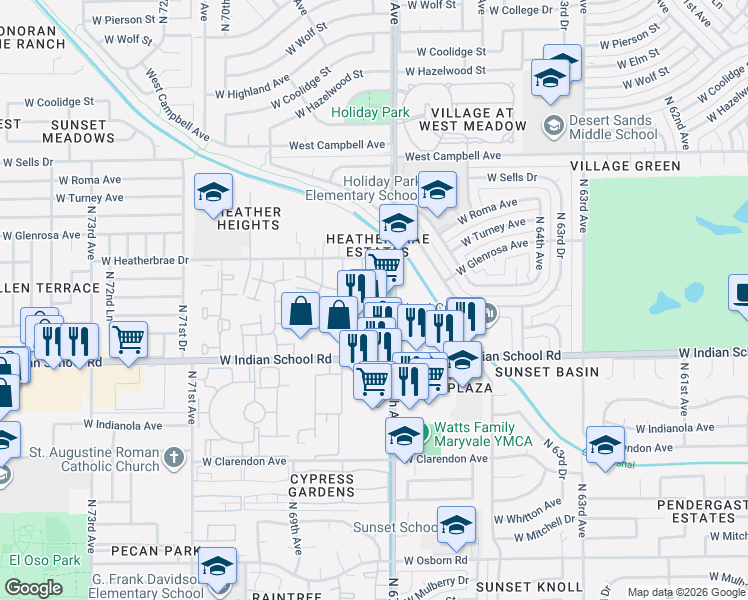 map of restaurants, bars, coffee shops, grocery stores, and more near 6737 West Devonshire Avenue in Phoenix