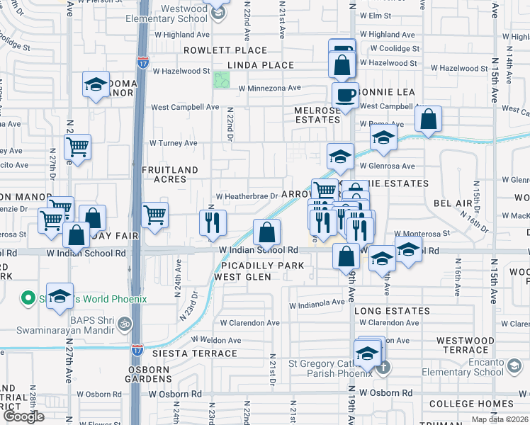 map of restaurants, bars, coffee shops, grocery stores, and more near 2139 West Devonshire Avenue in Phoenix