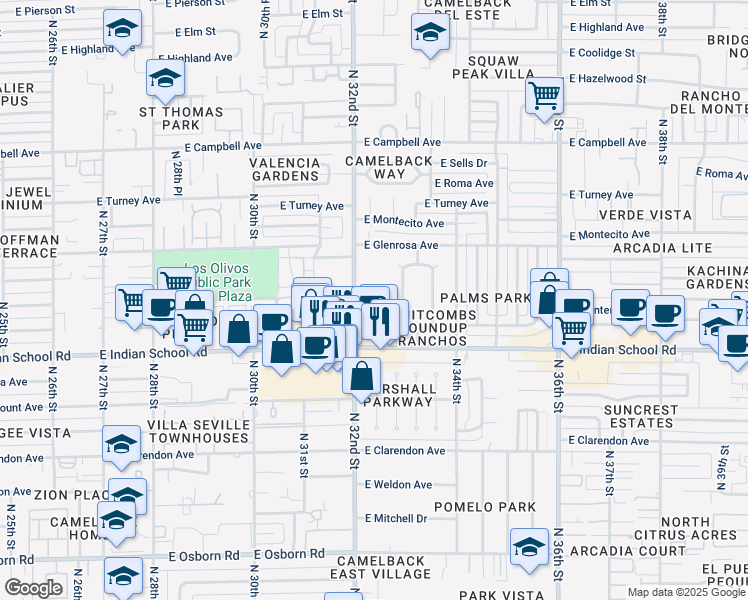 map of restaurants, bars, coffee shops, grocery stores, and more near 4131 North 32nd Street in Phoenix