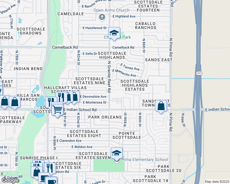 map of restaurants, bars, coffee shops, grocery stores, and more near 4181 North Granite Reef Road in Scottsdale