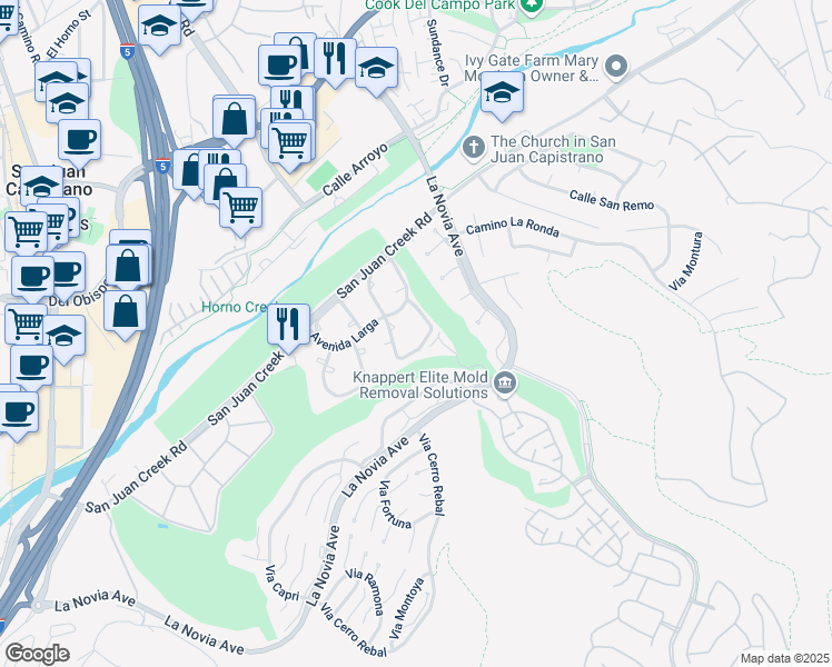 map of restaurants, bars, coffee shops, grocery stores, and more near 32116 Via Buena in San Juan Capistrano