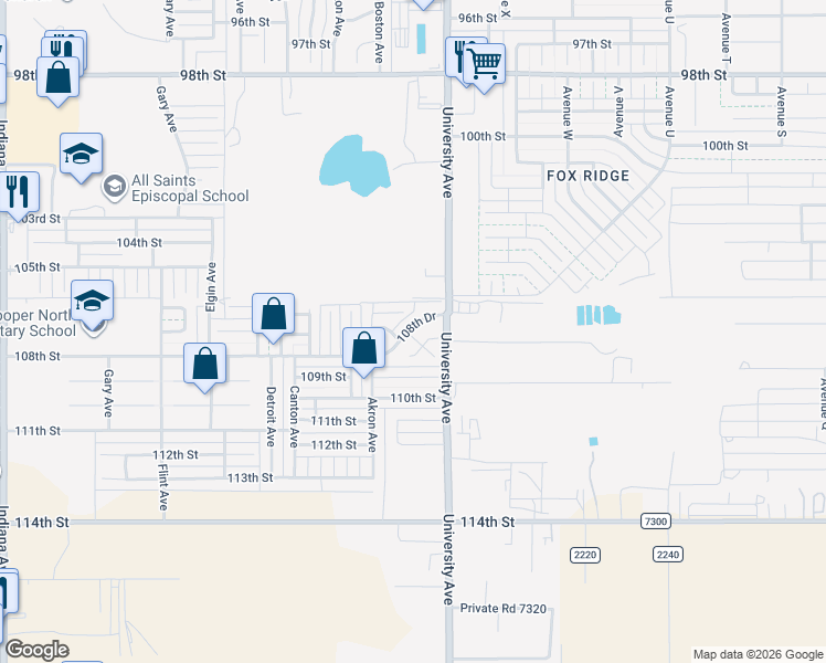 map of restaurants, bars, coffee shops, grocery stores, and more near 2505 108th Place in Lubbock