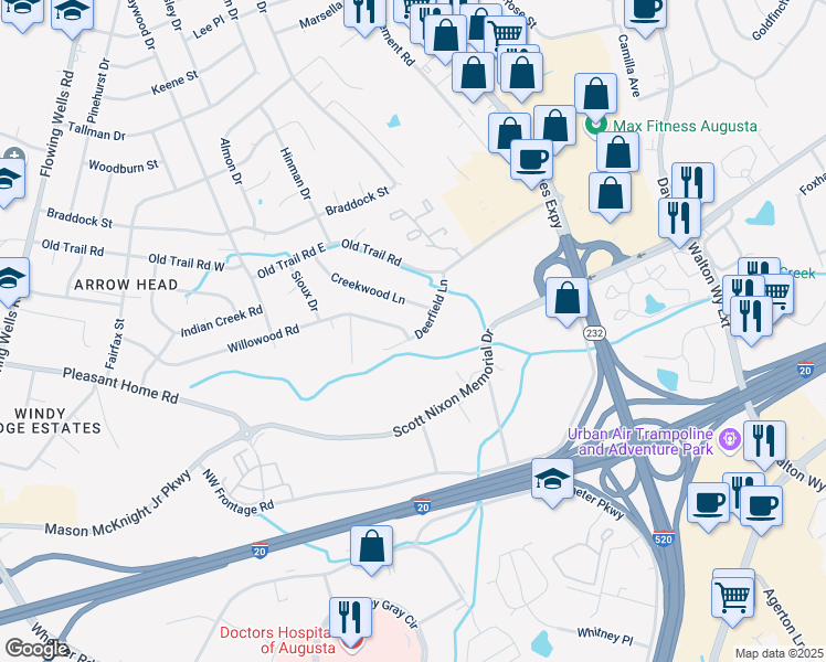 map of restaurants, bars, coffee shops, grocery stores, and more near 258 Deerfield Lane in Augusta
