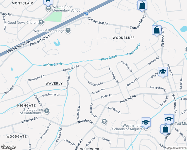 map of restaurants, bars, coffee shops, grocery stores, and more near 3122 Ramsgate Road in Augusta