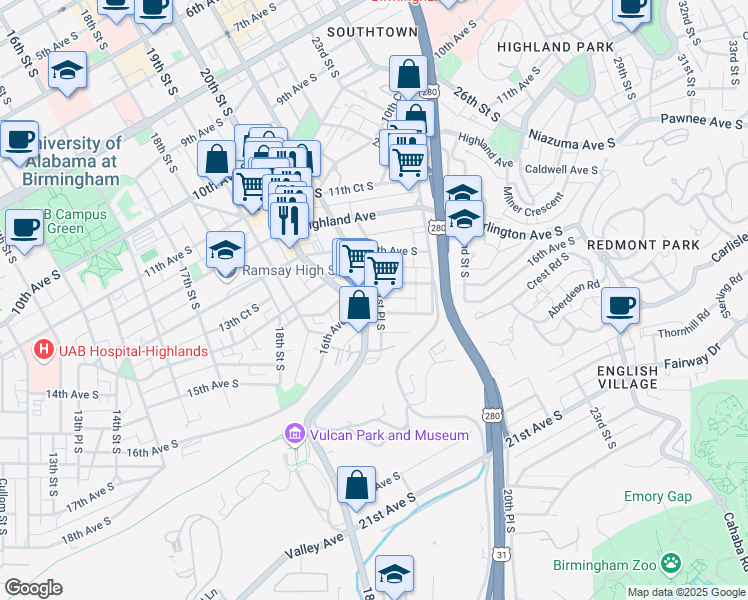 map of restaurants, bars, coffee shops, grocery stores, and more near 2124 16th Avenue South in Birmingham