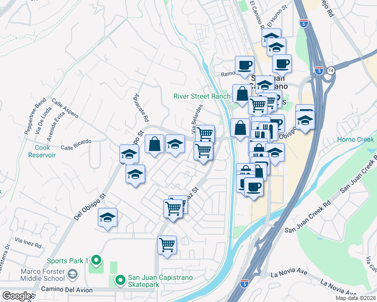 map of restaurants, bars, coffee shops, grocery stores, and more near 32116 Paseo Carolina in San Juan Capistrano