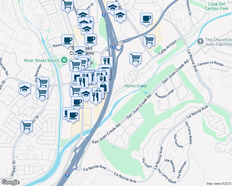 map of restaurants, bars, coffee shops, grocery stores, and more near in San Juan Capistrano