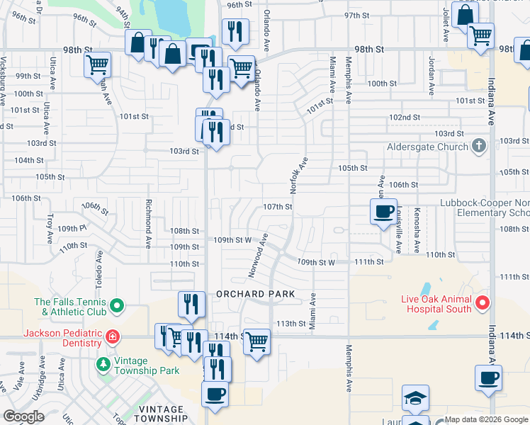 map of restaurants, bars, coffee shops, grocery stores, and more near 10806 Norwood Avenue in Lubbock