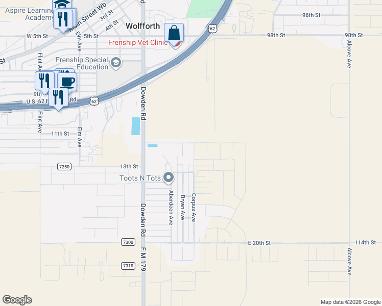 map of restaurants, bars, coffee shops, grocery stores, and more near 1313 Corpus Ave in Wolfforth