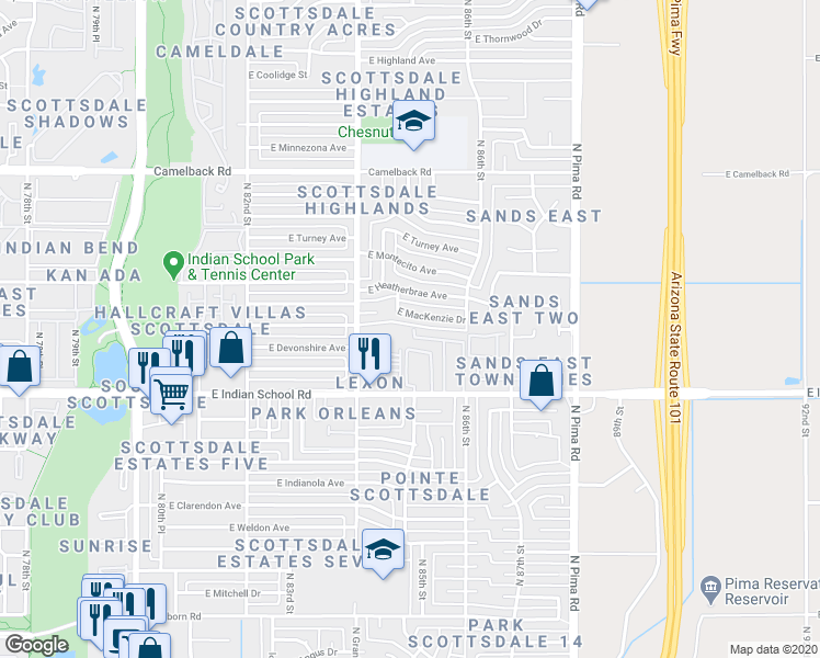 map of restaurants, bars, coffee shops, grocery stores, and more near 8564 East Indian School Road in Scottsdale