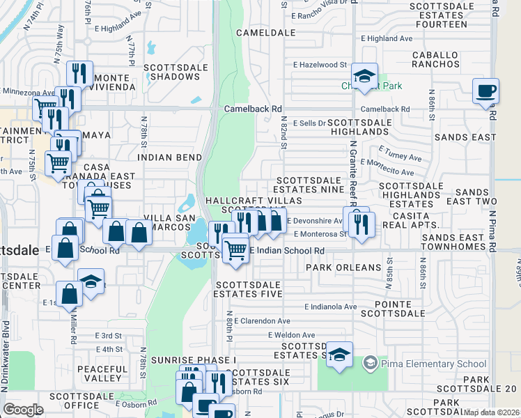 map of restaurants, bars, coffee shops, grocery stores, and more near 4153 North 81st Street in Scottsdale