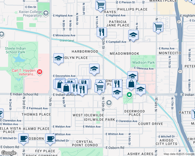 map of restaurants, bars, coffee shops, grocery stores, and more near 4145 North Mitchell Street in Phoenix